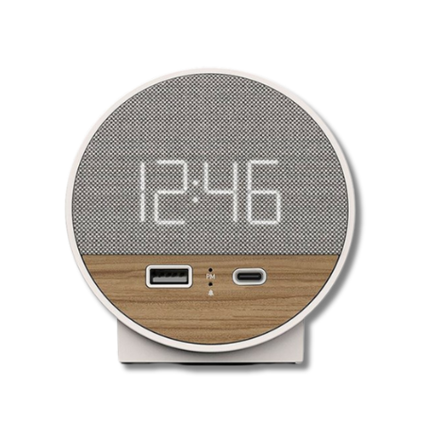 NonStop Station O Small round Alarm clock w/dual USB charge wood/Grey fabric